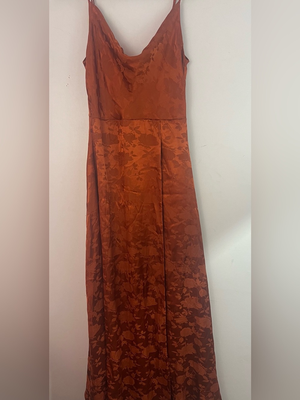Lulus Small Rust Floral Jacquard Satin Maxi Dress Cowl Neck Spaghetti Strap